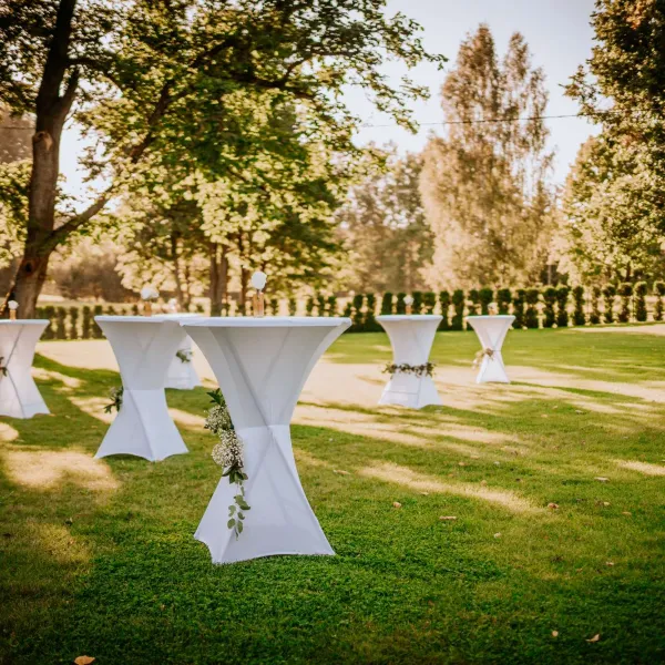 Tables hautes recouvertes de nappes blanches décorées de feuillage, disposées sur une pelouse verdoyante sous des arbres, offrant un cadre élégant et naturel pour un cocktail en plein air.