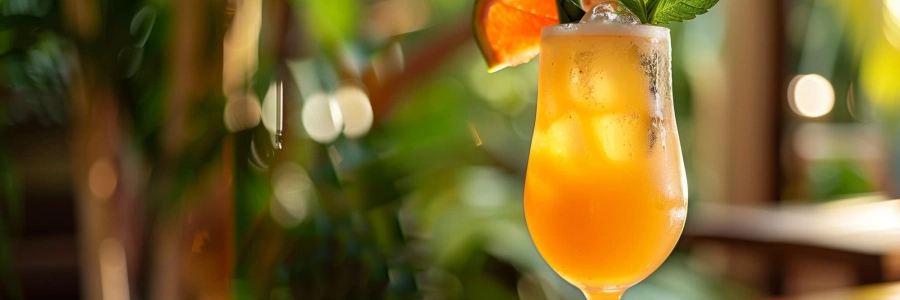 Un cocktail fruité posé sur un plan de travail dans une cuisine tropical