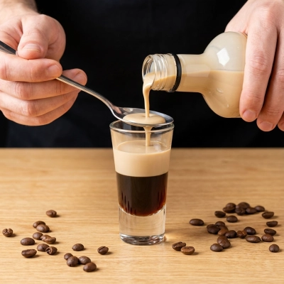 Ajouter le baileys doucement afin de former un second étage. Vous pouvez utiliser une petite cuillère pour éviter les liquides de se méanger