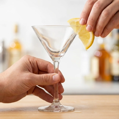 Frotter le bord d’un verre à martini avec le quartier de citron