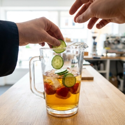 Découper des rondelles de concombres et les mettre dans la cruche