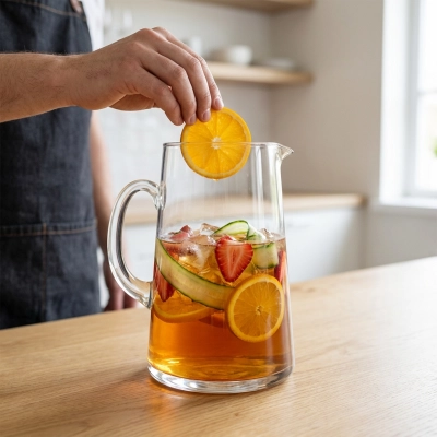 Découper des rondelles d’orange et les mettre dans la cruche