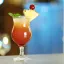 Un verre de cocktail rum runner avec une boisson rouge-orange, garni d'une brochette de fruits comprenant un morceau d'ananas et une fraise, avec une torsade de zeste de citron sur le côté.