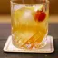 Verre à whisky rempli de Scotch Sour, avec une cerise et un zeste de citron en décoration sur glaçons.