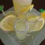 Quatre verres à shot remplis de cocktail jaune pâle décorés de tranches de citron frais et avec un rebord en sucre, posés sur une assiette blanche.